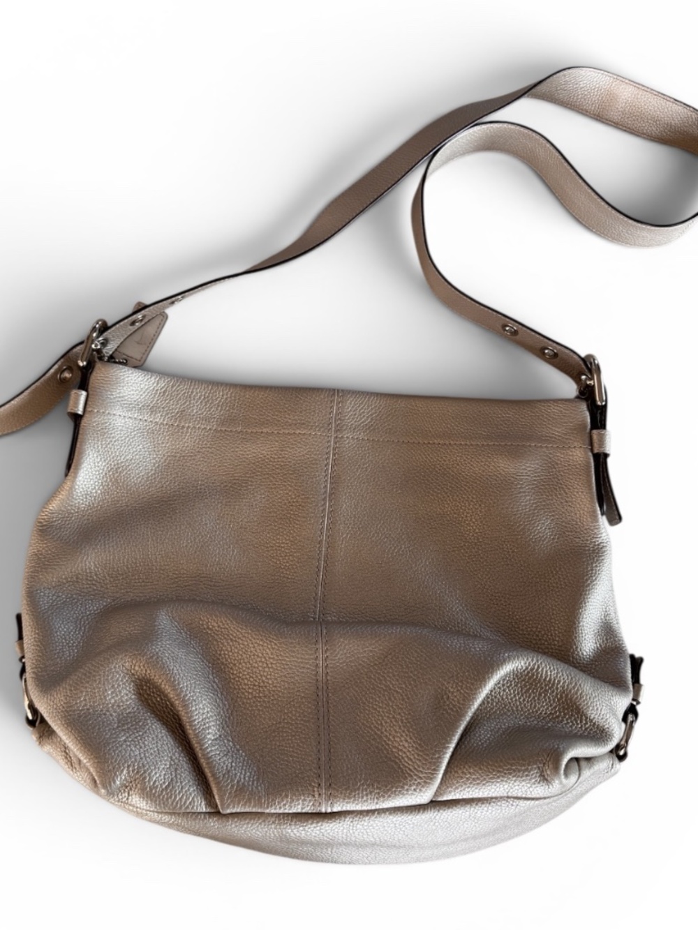 COACH F15064 Metallic Taupe Pebbled Leather Convertible Hobo Crossbody Bag